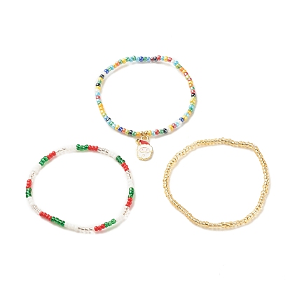 3Pcs 3 Style Glass Seed Stretch Bracelets Set with Alloy Santa Claus for Women