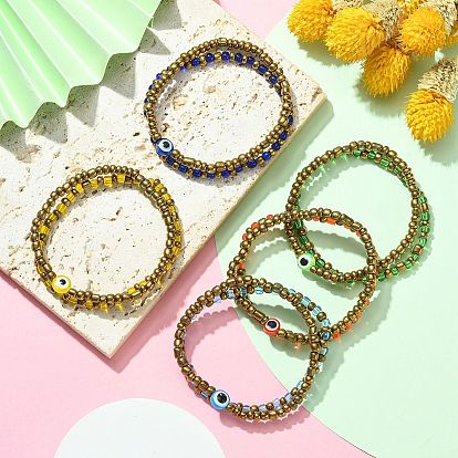 2 pcs 2 style graines de verre et résine mauvais œil bracelets extensibles en perles ensemble pour femmes