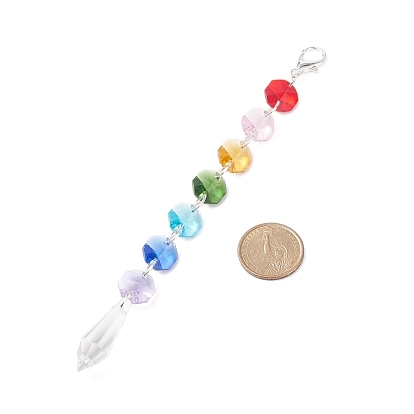 Electroplate Octagon Glass Beaded Pendant Decorations, Suncatchers, Rainbow Maker, with Alloy Lobster Claw Clasps, Clear Faceted Glass Pendants, Cone/Round/Teardrop/Leaf/Mixed