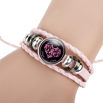 Imitation Leather Multi-strand Bracelets for Women, October Breast Cancer Pink Awareness Ribbon Iron Glass Adjustable Bracelet