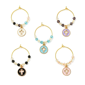 Flat Round with Cross Alloy Enamel Wine Glass Charms, with Glass Beads and Brass Wine Glass Charm Rings