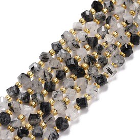 Natural Tourmalinated Quartz Beads Strands, with Seed Beads, Faceted, Diagonal Cube Beads