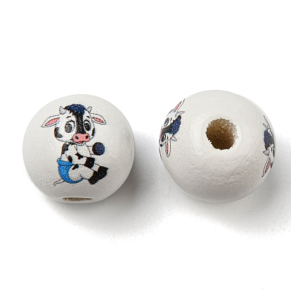 Perles européennes en bois naturel peintes à la bombe, rond avec motif vache