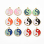 Rack Plating Alloy Enamel Charms, Cadmium Free & Lead Free, Light Gold, Flat Round with Yin Yang