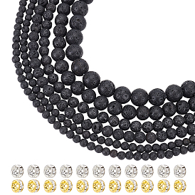 ARRICRAFT 367Pcs Natural Lava Rock Round Beads Kit for DIY Jewelry Making, with 40Pcs Brass Rhinestone Spacer Beads