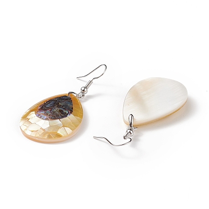 White Shell & Abalone Shell/Paua Shell Dangle Earrings, with Brass Ice Pick Pinch Bails and Earring Hooks, Teardrop