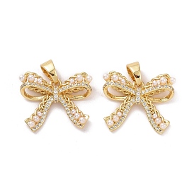 Bowknot Brass Micro Pave Clear Cubic Zirconia Pendants, with Acrylic Imitation Pearl, Cadmium Free & Lead Free
