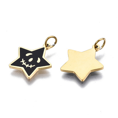 316 Surgical Stainless Steel Enamel Charms, with Jump Rings, Star, Black