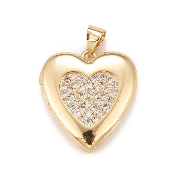 Brass Micro Pave Cubic Zirconia Locket Pendants, Photo Frame Charms for Necklaces, Real 18K Gold Plated, Lead Free & Cadmium Free, Heart