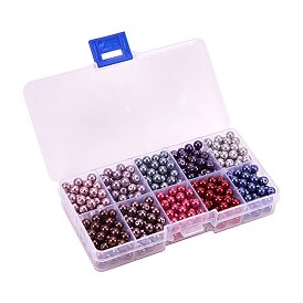 10 couleurs perles de verre rondes nacrées respectueuses de l'environnement, teint, 6mm, trou: 1.2~1.5 mm, environ 60 pcs / compartiment, 600 pcs / boîte
