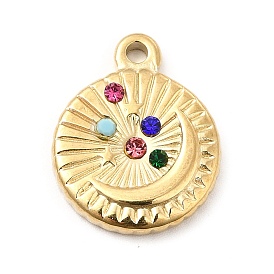 Colorful Rhinestone Pendants, Ion Plating(IP) 304 Stainless Steel Finding, Sun with Moon & Star