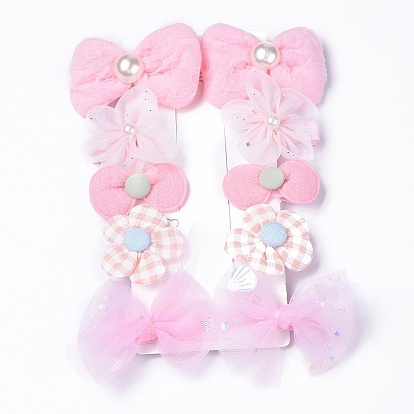 5 Pair 5 Style Bowknot & Flower Polyester Alligator Hair Clips, Iron Hair Accessories