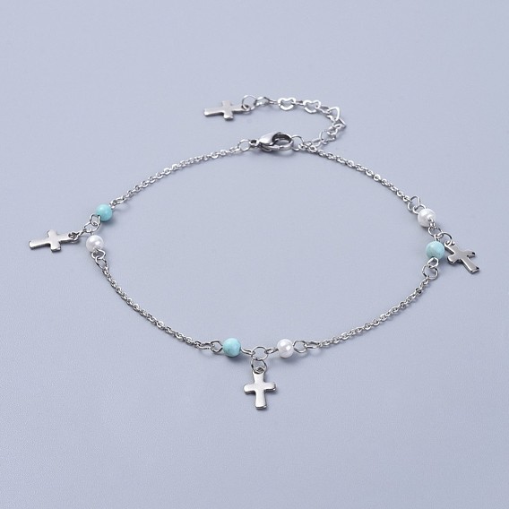 304 Stainless Steel Charm Anklets, with Synthetic Turquoise Beads and Glass Pearl, Cross