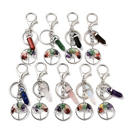 Natural & Synthetic Mixed Gemstone Keychain, with Platinum Plated Iron Split Key Rings, Tree of Life with Bullet