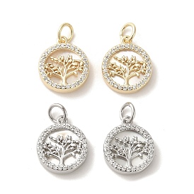 Brass Micro Pave Cubic Zirconia Pendants, with Shell, Flat Round with Tree