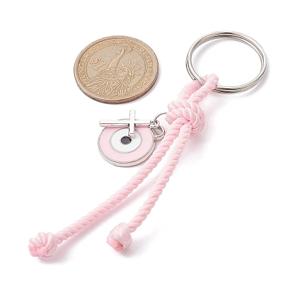 Porte-clés pendentifs en émail en alliage de zinc croix et mauvais œil, avec cordon en polyester et anneau fendu en fer