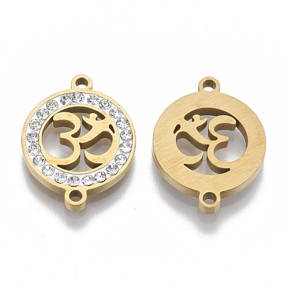 201 Stainless Steel Links/Connectors, with Polymer Clay Crystal Rhinestone, Flat Round with Aum/Ohm