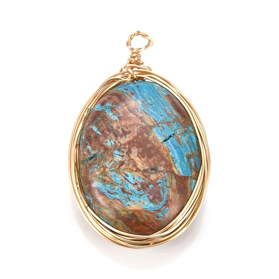 Natural Gemstone Pendants, Wire Wrapped Pendants, with Light Gold Plated Eco-Friendly Copper Wire, Oval