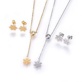 304 Stainless Steel Jewelry Sets, Stud Earrings and Pendant Necklaces, with Rhinestone, Snowflake