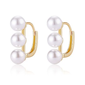 Triple Shell Pearl Beaded Hoop Earrings, Brass Jewelry for Women