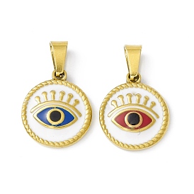 Vacuum Plating 304 Stainless Steel Enamel Pendants, Golden, Flat Round Charms with Evil Eye Charm