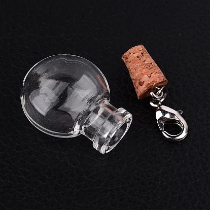 Flat Round Glass Wishing Bottle Pendants, with Iron Findings and Brass Lobster Claw Clasps, 47mm