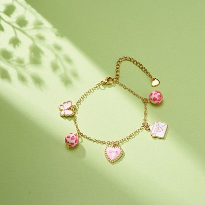 Word Love Heart Butterfly Alloy Enamel Charms Bracelet with Resin Beads, Valentine Theme Jewelry for Women