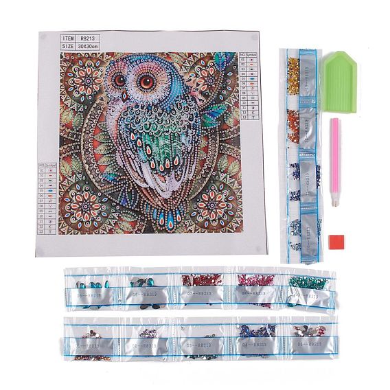 DIY 5D Owl Pattern Diamond Painting Kits, with Resin Rhinestones, Diamond Sticky Pen, Tray Plate and Glue Clay