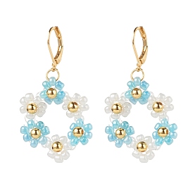 Boucles d'oreilles à levier pendantes en forme de fleur tressée en graines de verre, 304 bijoux en acier inoxydable pour femmes