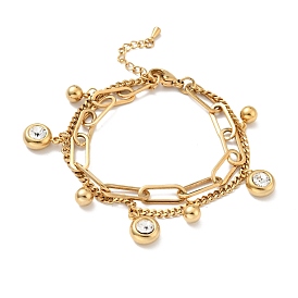 Crystal Rhinestone and Round Ball Charm Multi-strand Bracelet, Vacuum Plating 304 Stainless Steel Double Layered Chains Bracelet for Women