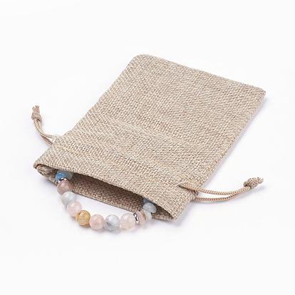 Perles de pierres précieuses naturelles s'étendent bracelets, avec 304 billes en acier inoxydable, Emballage en toile de jute, couleur inox