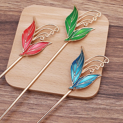 4 Loop Iron Hair Stick Finding, with Alloy Enamel Leaf, Light Gold, for Dagling Hairpin, Hairstick with Taseel Making
