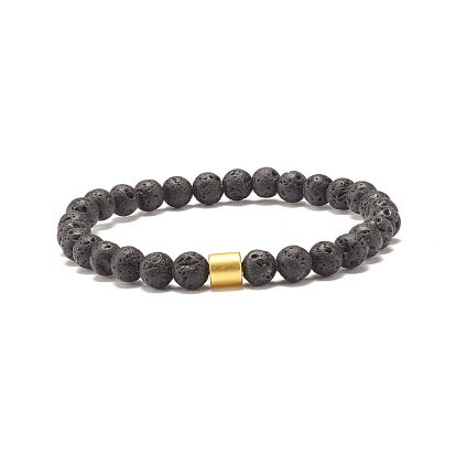 Bracelet extensible en perles rondes en pierre de lave naturelle (teinte) avec colonne d'hématite synthétique, Diffuseur d'huile bijoux en pierre de puissance pour les femmes