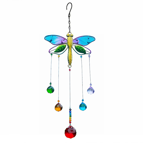 Glass Teardrop Pendant Decoration, with Iron Findings and Alloy Dragonfly Link for Home Garden Decoration