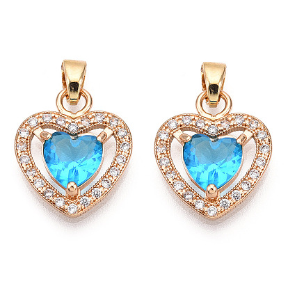 Faceted Glass Charms, with Brass Micro Clear Cubic Zirconia Findings, Heart