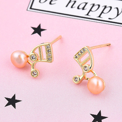 Aretes de perla rosa perla natural con nota musical y circonita cúbica, pendientes de latón con 925 pasadores de plata de ley para mujer