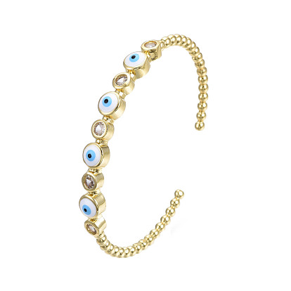 Enamel Flat Round with Evil Eye Open Cuff Bangle with Clear Cubic Zirconia, Real 18K Gold Plated Brass Jewelry for Women