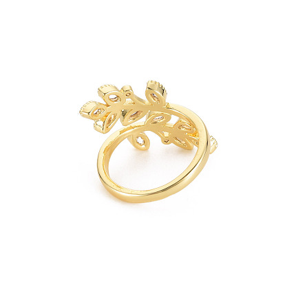 Cubic Zirconia Leaf Open Cuff Ring, Real 18K Gold Plated Brass Jewelry for Women, Cadmium Free & Lead Free