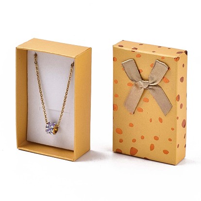 Картонные коробки ювелирных изделий, для ожерелья, кольцо, серьга, с лентой-бантом снаружи и белой губкой внутри, прямоугольные