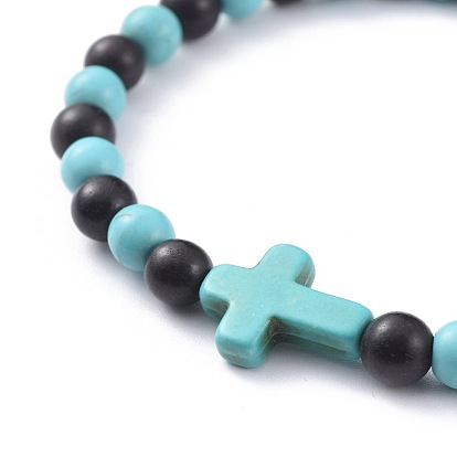 Perles de bois de santal naturelles bracelets extensibles, avec des perles synthétiques turquoise(teintes), croix