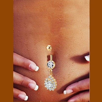 Brass Cubic Zirconia Navel Ring, Belly Rings, with 304 Stainless Steel Bar, Cadmium Free & Lead Free, Drop