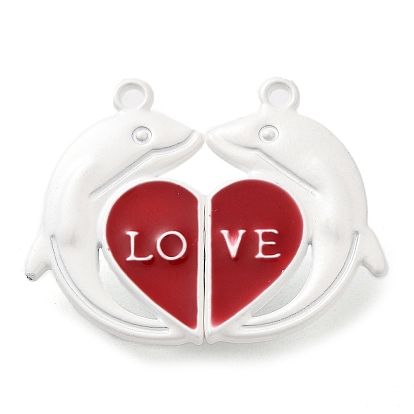 Spray Painted Alloy Enamel Magnetic Clasps, Dolphin with Love Heart, White