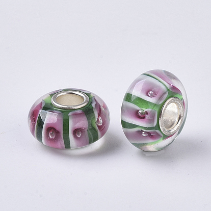 Handmade Lampwork European Beads, Large Hole Beads, with Silver Color Plated Brass Single Cores, Rondelle