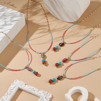 5 pcs 5 ensemble de colliers pendentifs ovales en pierres précieuses mélangées naturelles et synthétiques, colliers empilables en perles de verre avec chaînes en laiton pour femmes