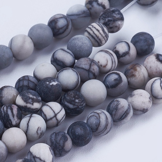 Brins de perles en pierre de soie noire naturelle / netstone, givré, ronde