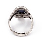 Oval Natural Lapis Lazuli Adjustable Rings, Antique Silver Tone Brass Wide Band Rings for Men