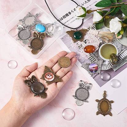DIY Animal Pendant Jewelry Making Kit, Including Butterfly & Turtle & Owl Alloy Cabochon Settings, Glass Cabochons