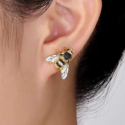 Bee Shape 925 Sterling Silver Stud Earrings, with Cubic Zirconia and Enamel