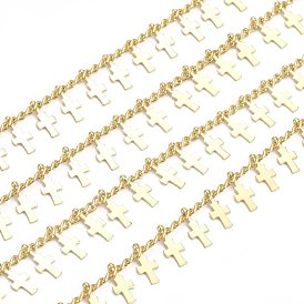 Handmade Brass Curb Chains, with Cross Charms and Spool, Soldered, Long-Lasting Plated