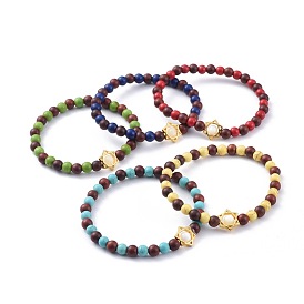 Natural Wood Beads Stretch Bracelets, with Long-Lasting Plated Alloy Bead Frame and Synthetic Turquoise(Dyed) Beads